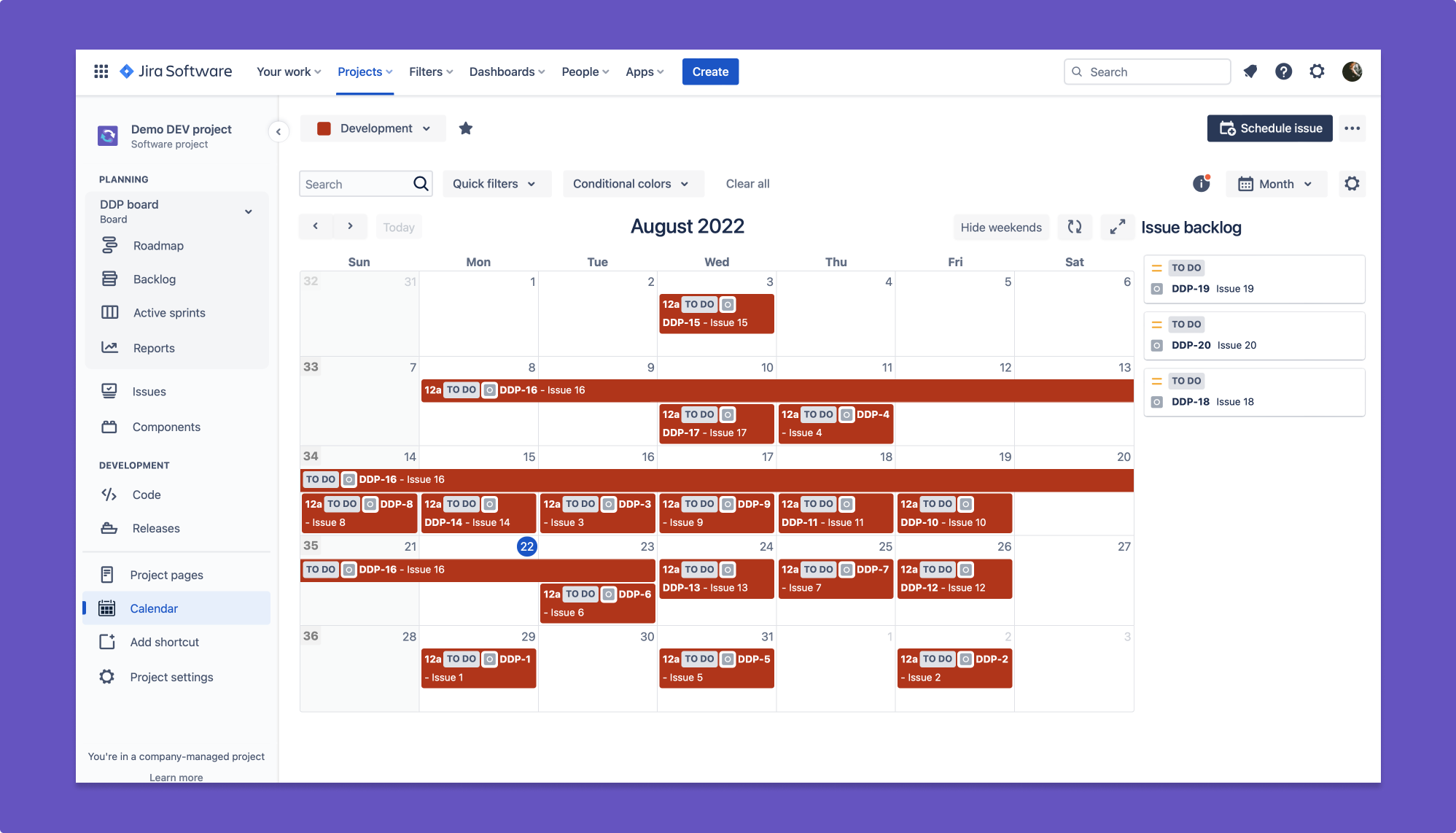 Create project sidebar calendar